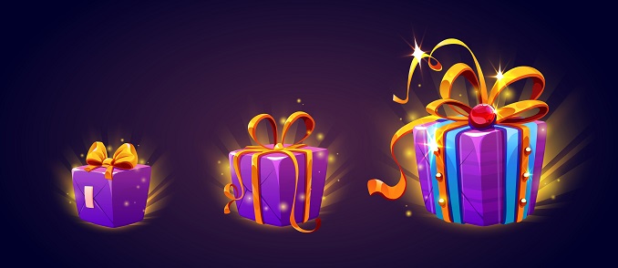 Different sizes of purple gift boxes with golden wrapping